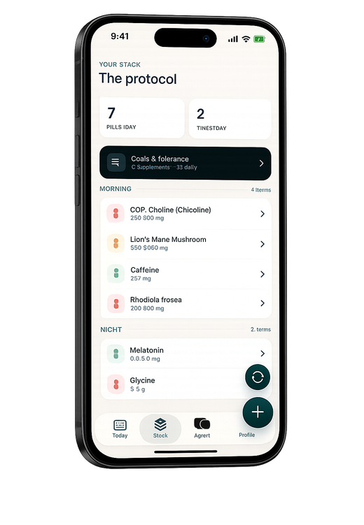 Suplagen app showing the supplement stack screen