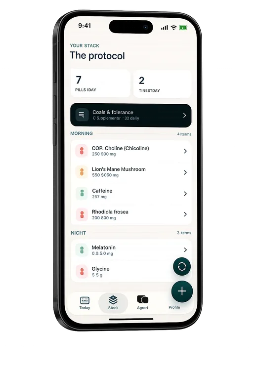 Suplagen app showing the supplement stack screen
